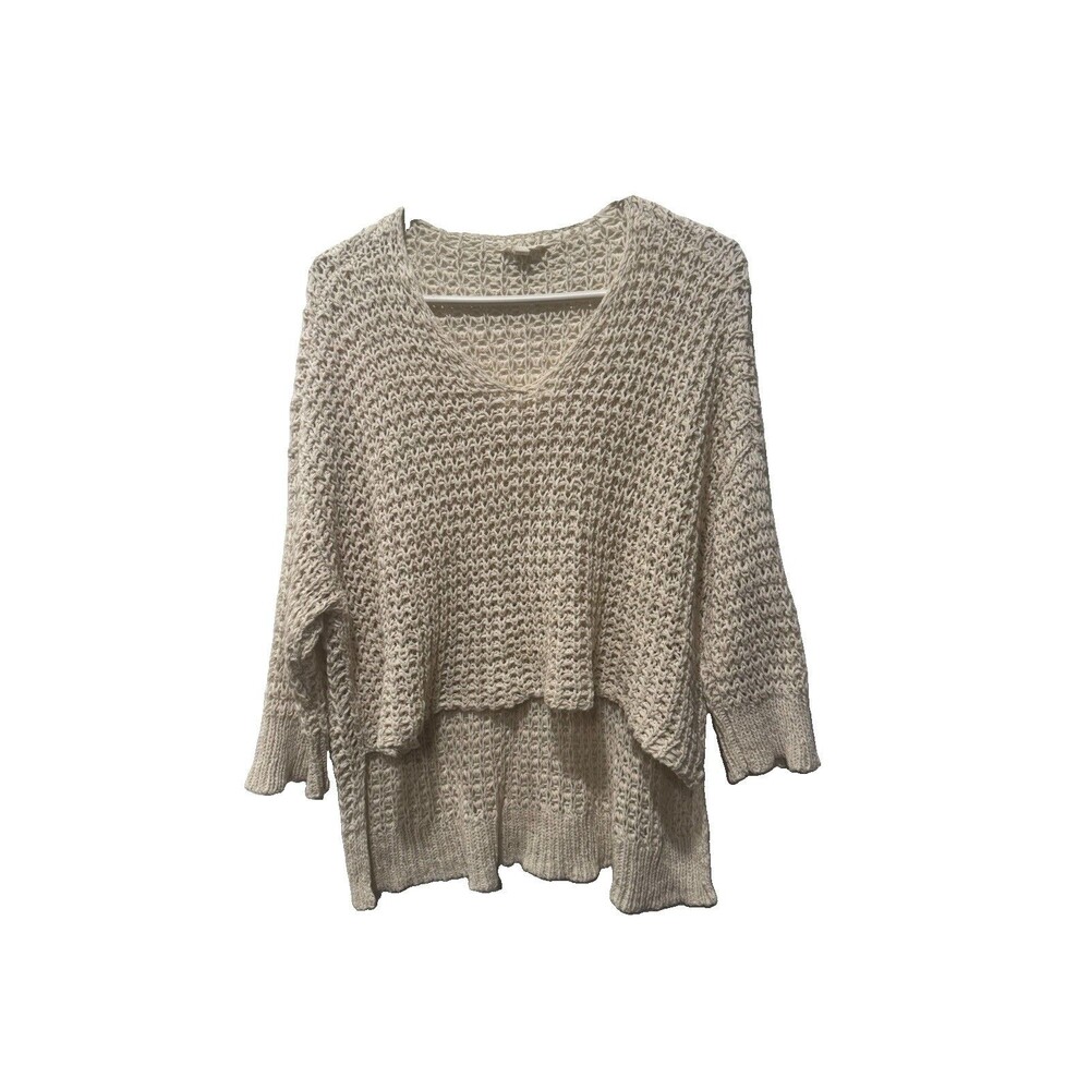 Eileen Fisher Cream Open Knit V-Neck Sweater medium 3/4 Sleeve High-Low Pullover - Picture 4 of 8